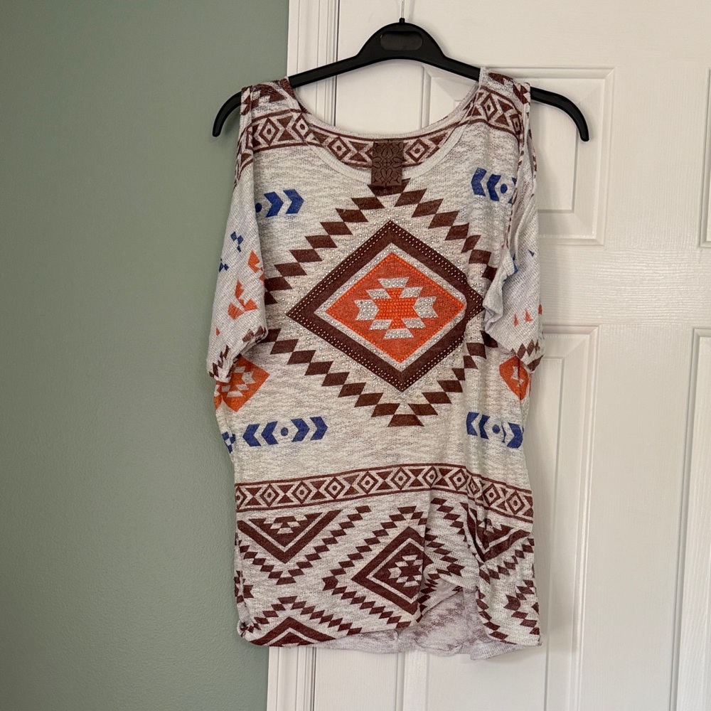 Vocal Cream Tank Top with Brown, Orange & Blue Aztec Print